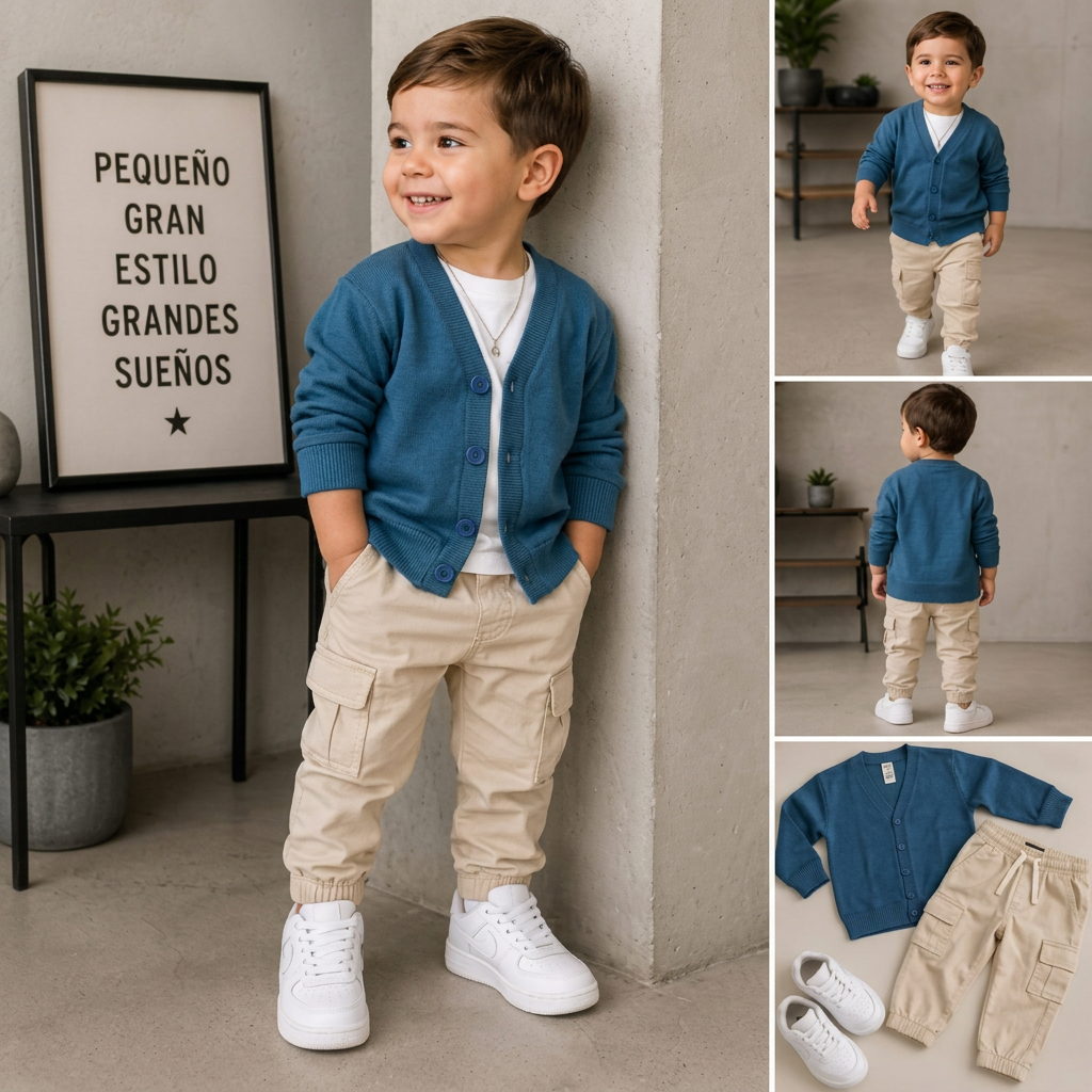Look Domingo: Cardigan azul · Camiseta pima · Cargo beige