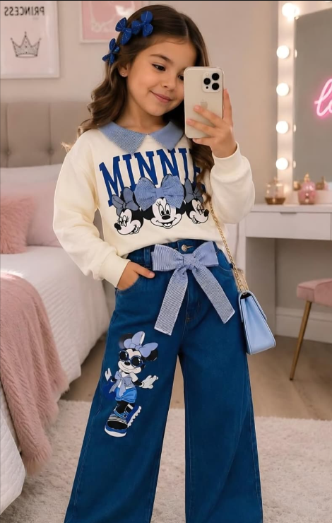 Look Minnie: Buzo crema print Minnie · Jean wide leg azul con moño · Cinturón lazo