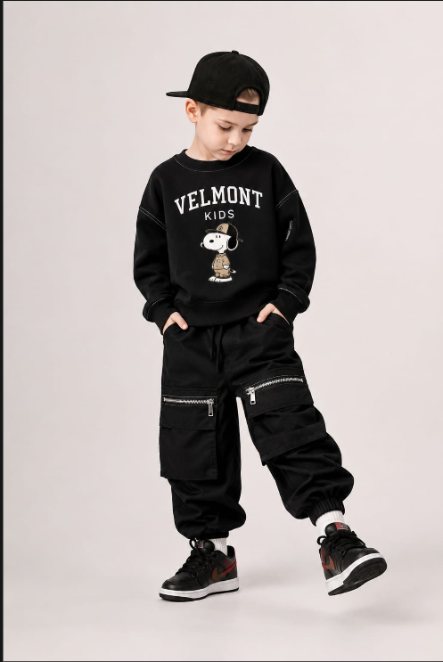 Look Bronx: Buzo negro print · Cargo negro con cierres · Gorra negra