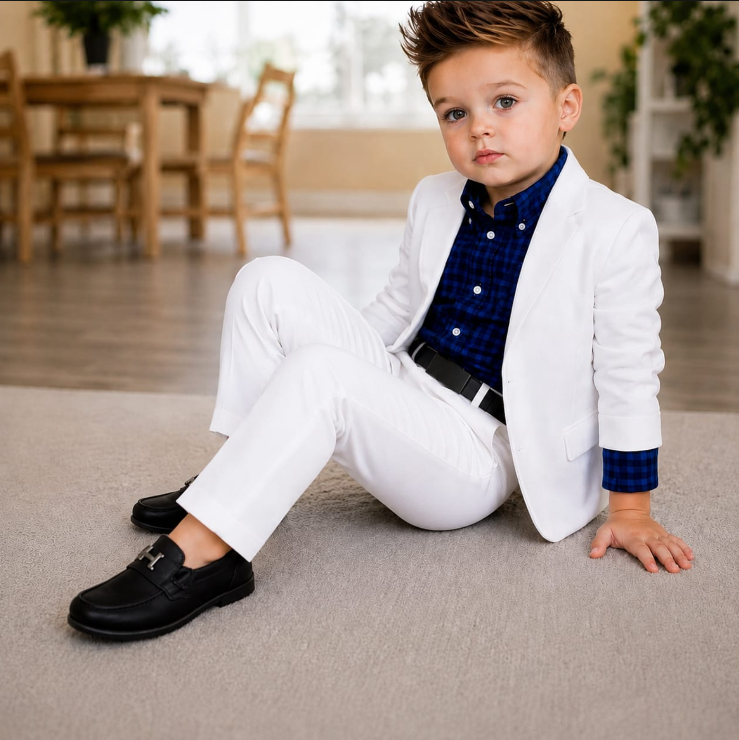 Look Provenza: Blazer blanco · Camisa a cuadros azul · Pantalón blanco