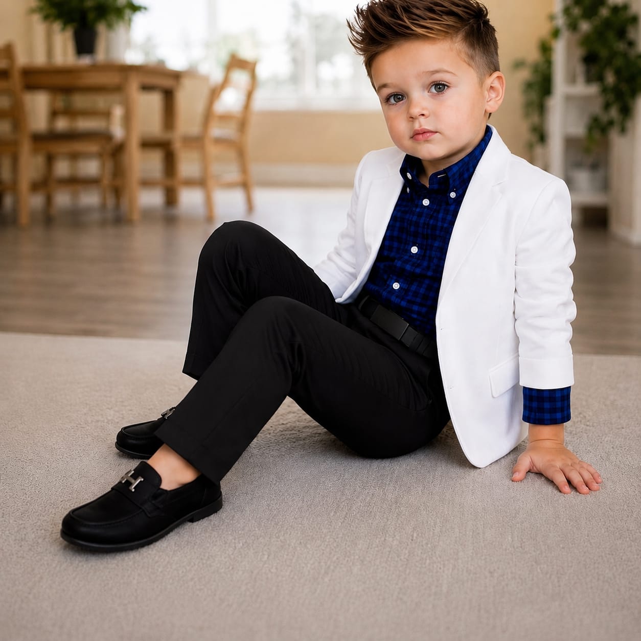 Look Cartagena: Blazer blanco · Camisa a cuadros azul · Pantalón negro