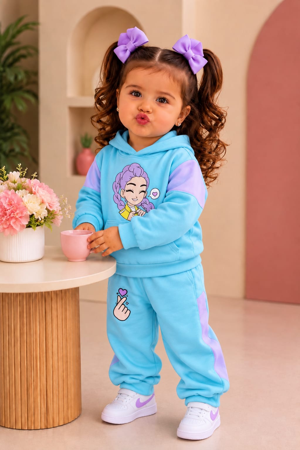 Look Almendra: Chaqueta acolchada camel con capota · Camiseta print · Jean wide con moños