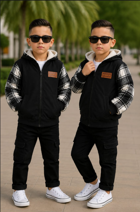 Look Oslo: Chaqueta sherpa negra con mangas a cuadros · Camiseta blanca · Cargo negro