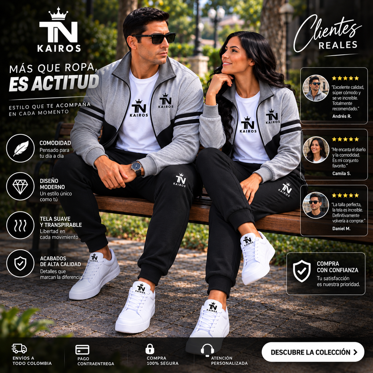 Clientes reales TN KAIROS: pareja con conjuntos gris y negro, testimonios de clientes
