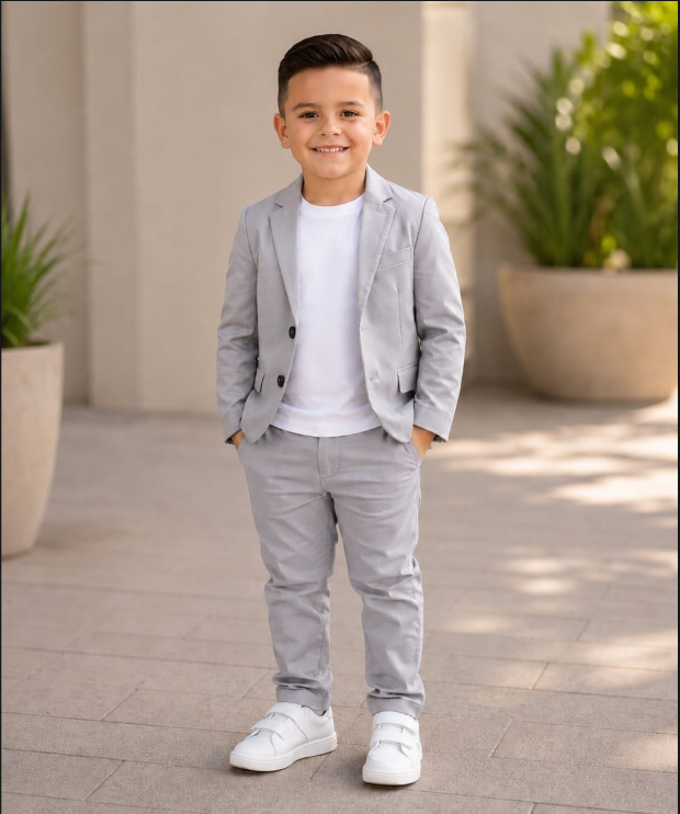 Look Génova: Blazer gris claro · Camiseta blanca · Pantalón a juego