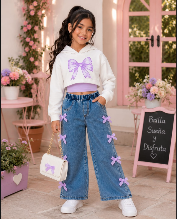 Look Lila: Hoodie crop blanco con moño lila · Top lila · Jean wide leg con moños