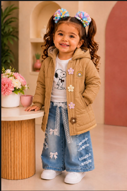 Look Almendra: Chaqueta acolchada camel con capota · Camiseta print · Jean wide con moños