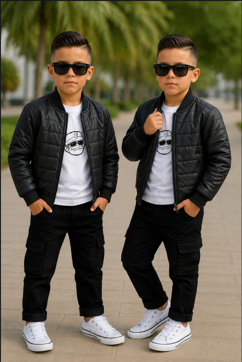 Look Manhattan: Bomber acolchado negro · Camiseta blanca print · Cargo negro