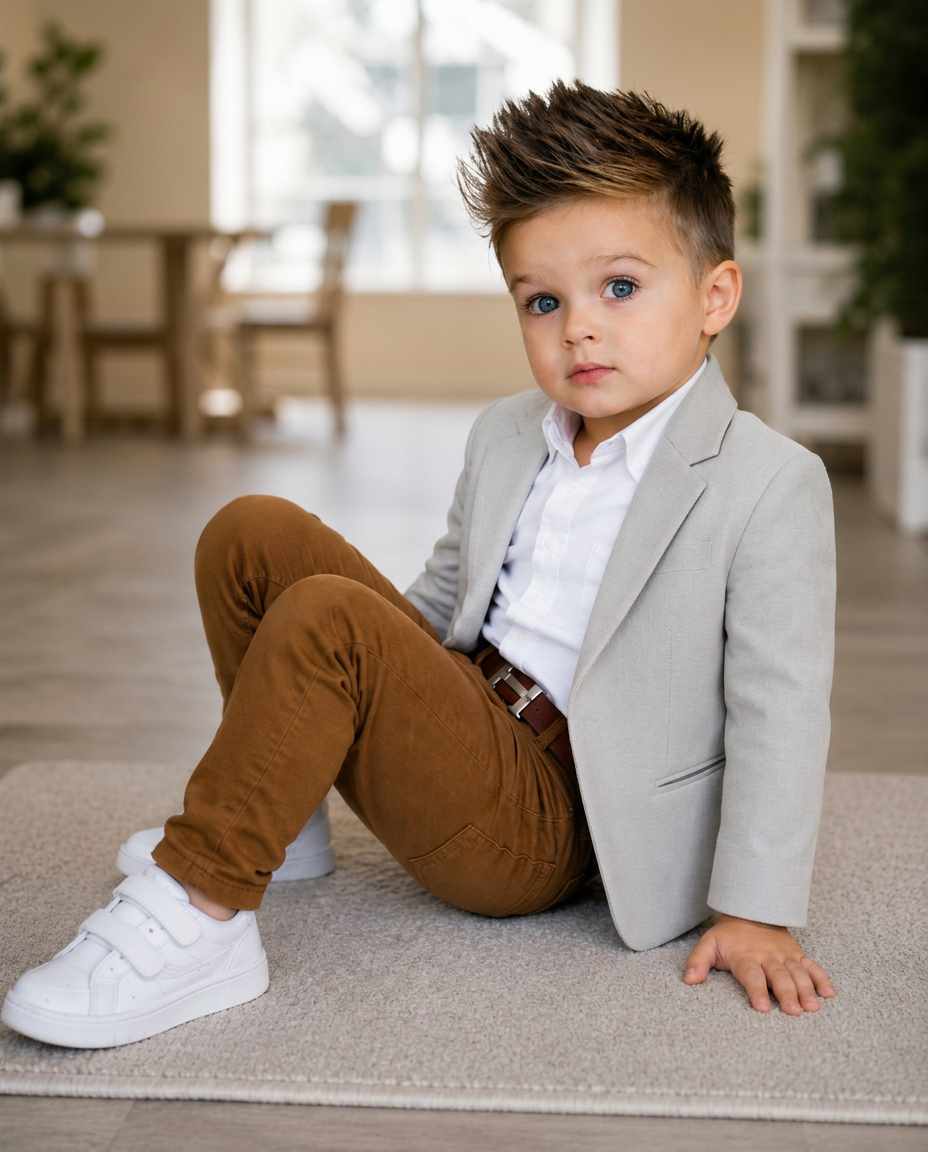 Look Torino: Blazer gris · Camisa oxford · Chino camel