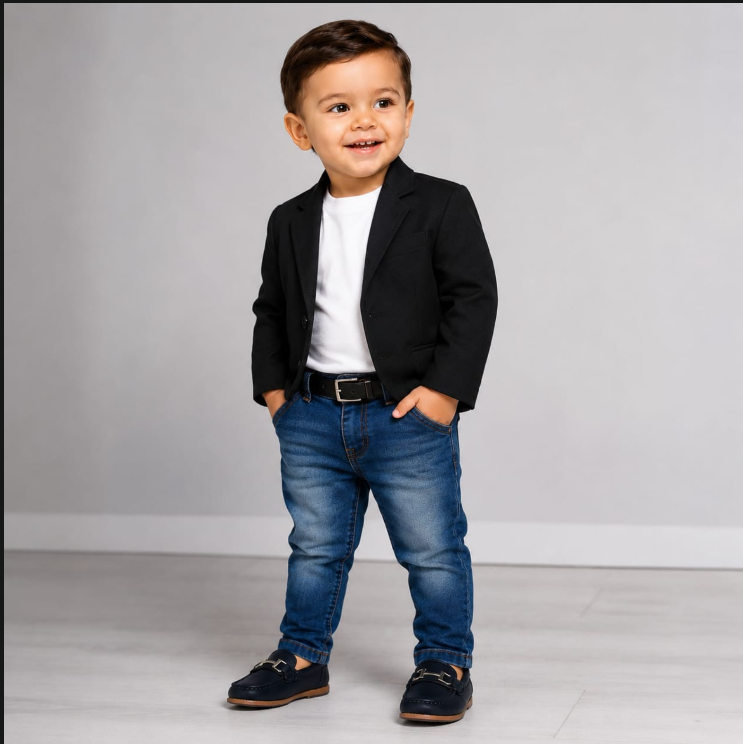 Look Riviera: Blazer negro · Camiseta blanca · Jean azul · Mocasines