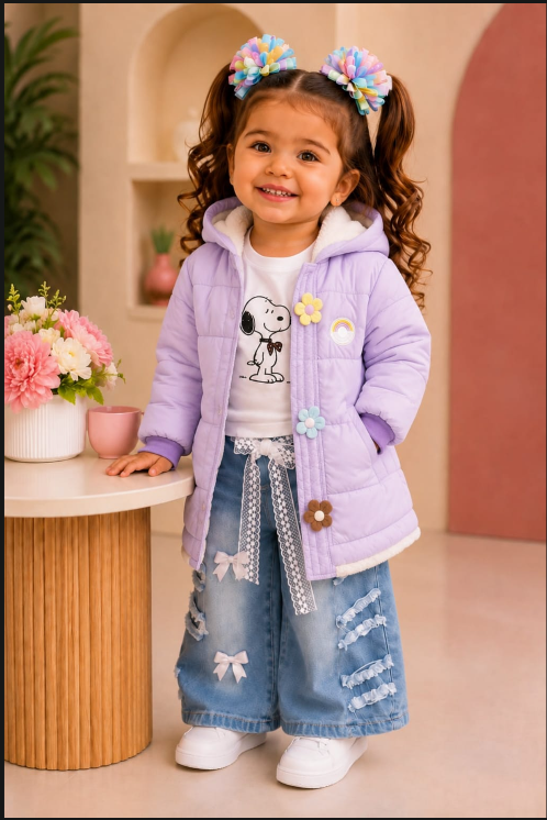 Look Iris: Chaqueta acolchada lila con capota · Camiseta print · Jean wide con moños