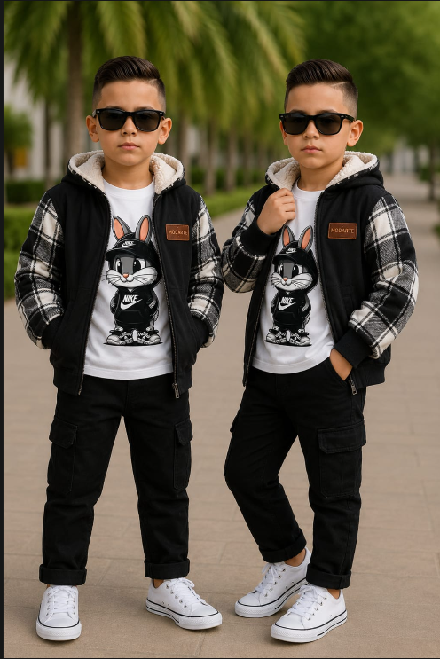 Look Montreal: Chaqueta cuadros blanco y negro · Camiseta print · Cargo negro