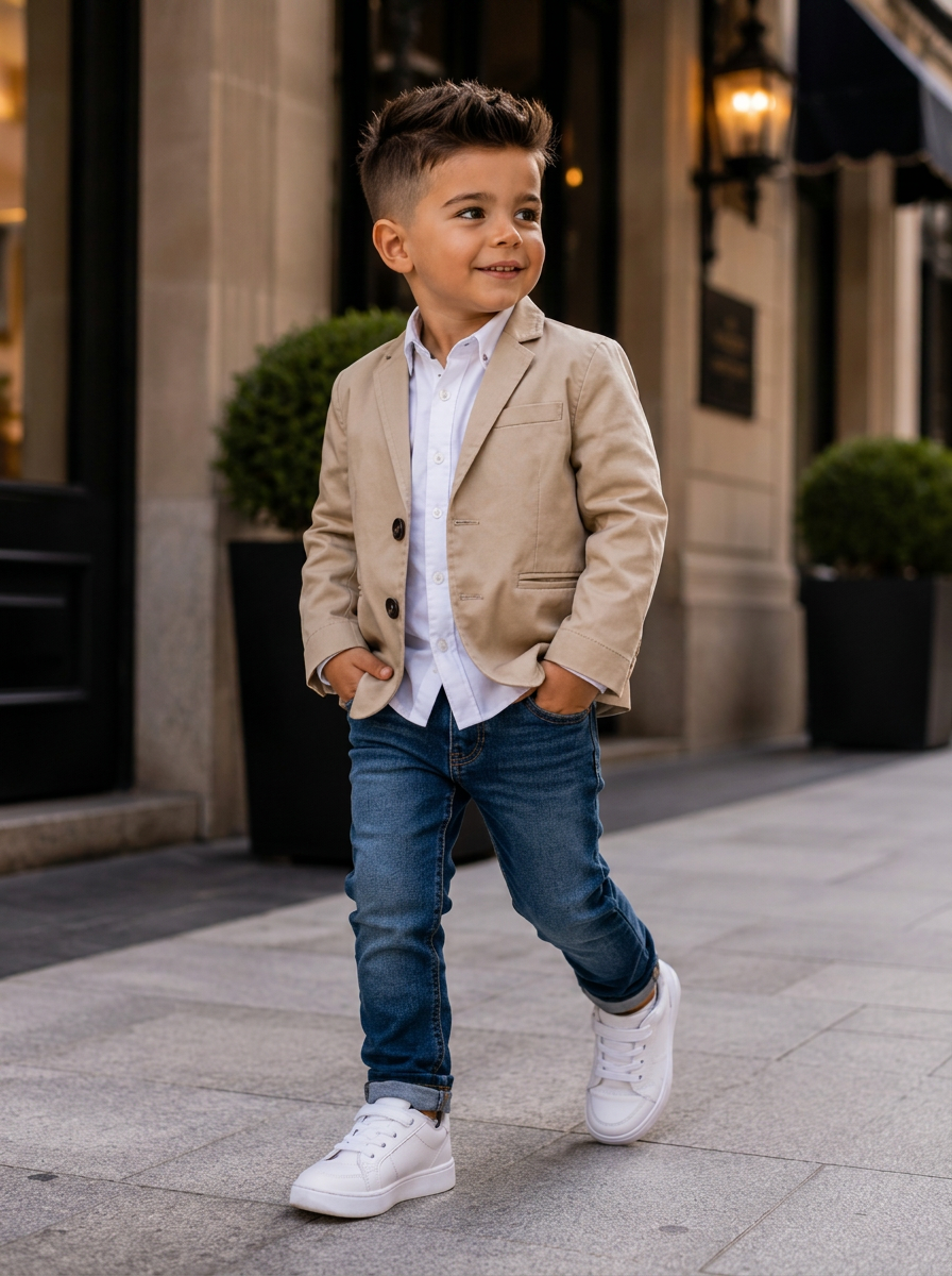 Niño con blazer beige caminando por la calle