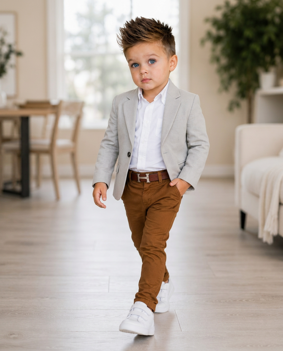 Look Nápoli: Blazer gris · Camisa blanca · Pantalón marrón